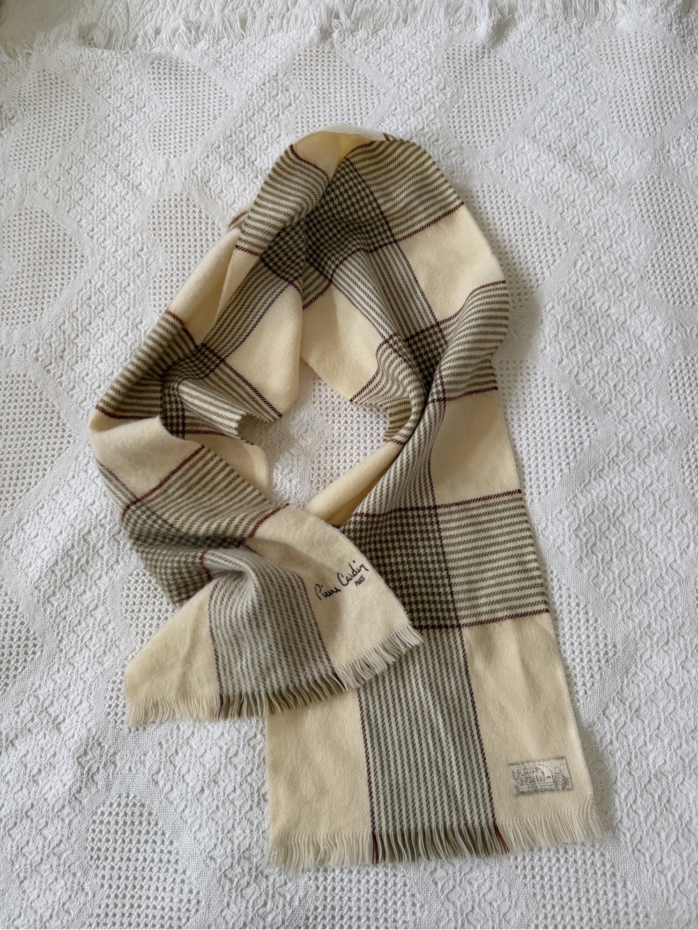 Pierre Cardin Cream Plaid Scarf with Olive and Brown Checks